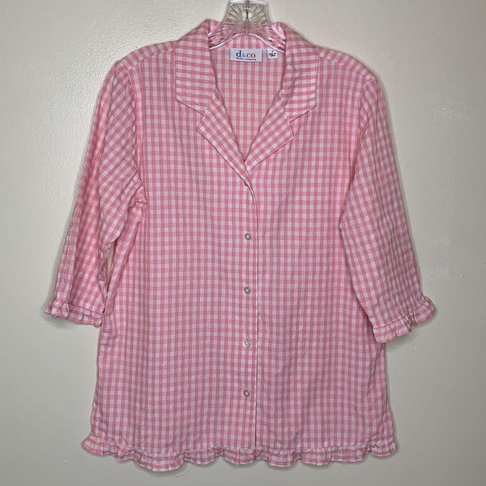 Denim & Company Button Front Shirt Pink & White Gingham Ruffle Trim Boxy Small
